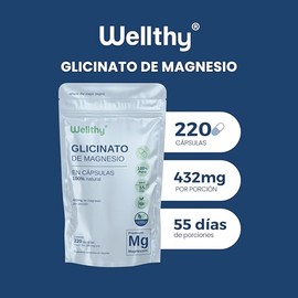 Wellthy Glicinato de Magnesio 220 Cápsulas 432mg. 100% Natural, Alta Absorción, Cápsulas Veganas, Bottle Free.