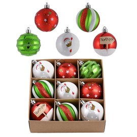 Valery Madelyn Christmas Tree Decorations 9pcs 6cm, Red Green and White Xmas Baubles Shatterproof Ball Ornaments Set
