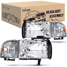 Nilight Headlights Replacement Assembly kit Compatible with 1994 1995 1996 1997 1998 1999 2000 2001 2002 Ram 1500 2500 3500 Chrome Replacement,2 Pack,Driver and Passenger Set