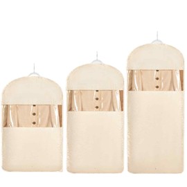 SLDYH Space Saving Hanging Garment Bag with Self Compression Zipper，Dust Cover Clothes Bags for Down Coat,Dress,Suit，Closet Storage Organizer for Home Travel Use (Beige, M+L+XL)
