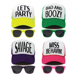 4 Pack: Trucker Hat & Sunnies - Boozy Pack (bad and boozy, let's party, miss behavin, savage)