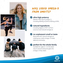 Vegan Omega 3 Liquid DHA + EPA Supplement from Algae Oil, 150ml - Carrageenan Free, Orange Flavour - Natural & Sustainable Ingredients - High Strength Omega-3 Nutritional Supplements for Adults