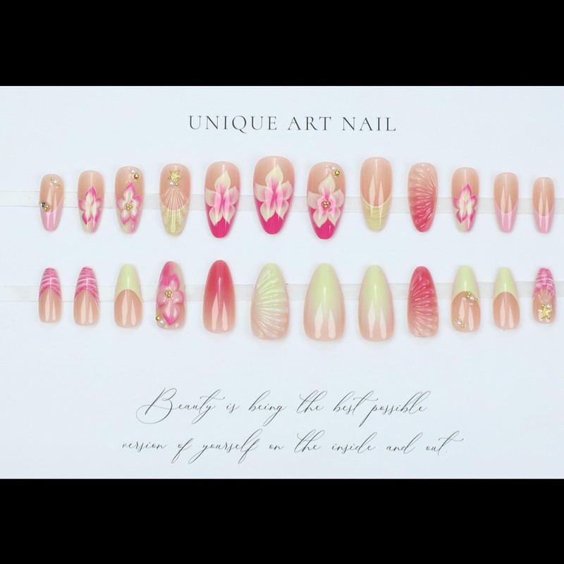 Summer Press on Nails Almond Flower Fake Nails Medium with