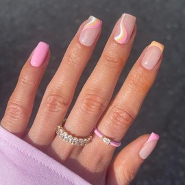 SXVME Pink Orange French Tip False Nails Short Square Press on Nails with Colorful Swirl Design Full Cover Natural Nude Acrylic Glue on Nails for Women Daily Wear 24 Pcs