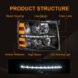 DimFlux LED DRL Headlight, Headlights Assembly Kit Compatible with 2007-2013 Chevy Silverado 1500/2007-2014 Silverado 2500 3500 or HD Headlamp Black Housing Amber Reflector