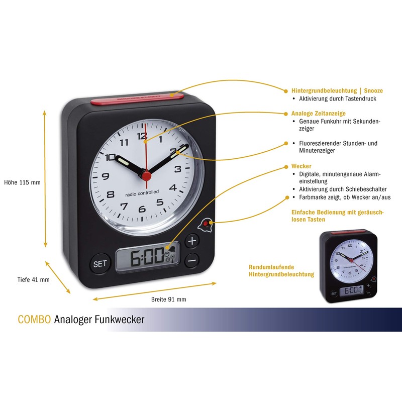 TFA-Dostmann Combo TFA 60.1511 Wireless Alarm Clock, 9 x 4