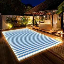 Reversible Mats with Led Strip Lights, 5 x 8 FT Plastic Straw Rug with Led Strip Lights, Striped Outdoor Rug Area Rug, Large Floor Mat for Indoor Outdoors, Patio, Backyard, Deck, Picnic, RV Camping