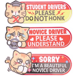 3pcs Student Driver Magnet for Car, 9.84x3.54in Funny Pink Reflective Novice Driver Magnetic Bumper Stickers Cute Cat Safety Awareness Sign for Rookies Weather Resistant & Detachable