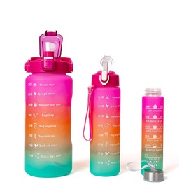 MAFEE 3 in 1 Motivational Water Bottles with Straw - Time Marker, Large Drinking Bottle Leakproof 2L Water Jugs for Sports Gym Travel Gifts BPA Free(Pink) Valentine Hydration & Self love