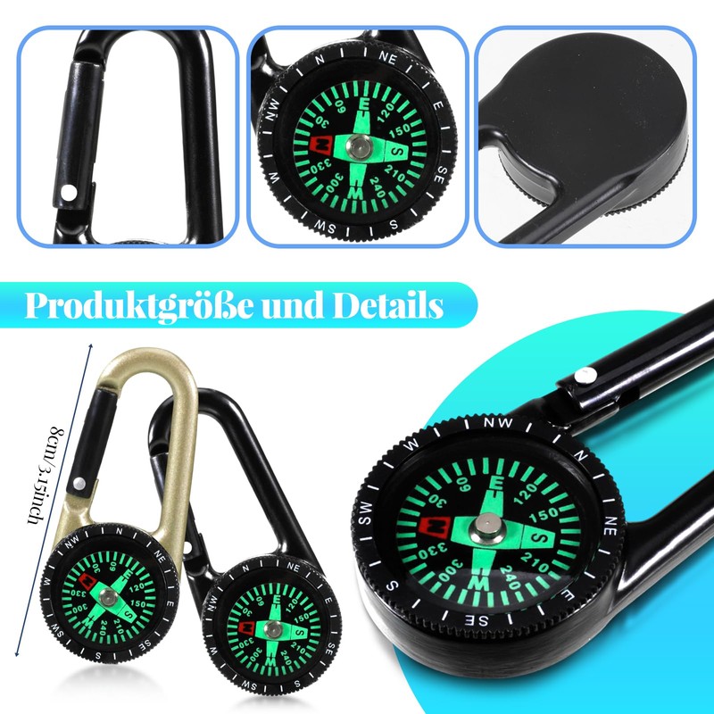 Compass with Carabiner Hook, Pack of 2 Compass Carabiner Mini