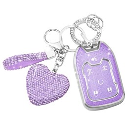 FT FUNTOR for Chevy Key fob Cover with Diamond Keychain Soft TPU Full Protection car Key Cover fit for GMC Suburban Tahoe Silverado Terrain Yukon Sierra Smart Key Holder 6-Button (Silver Trim-Purple)