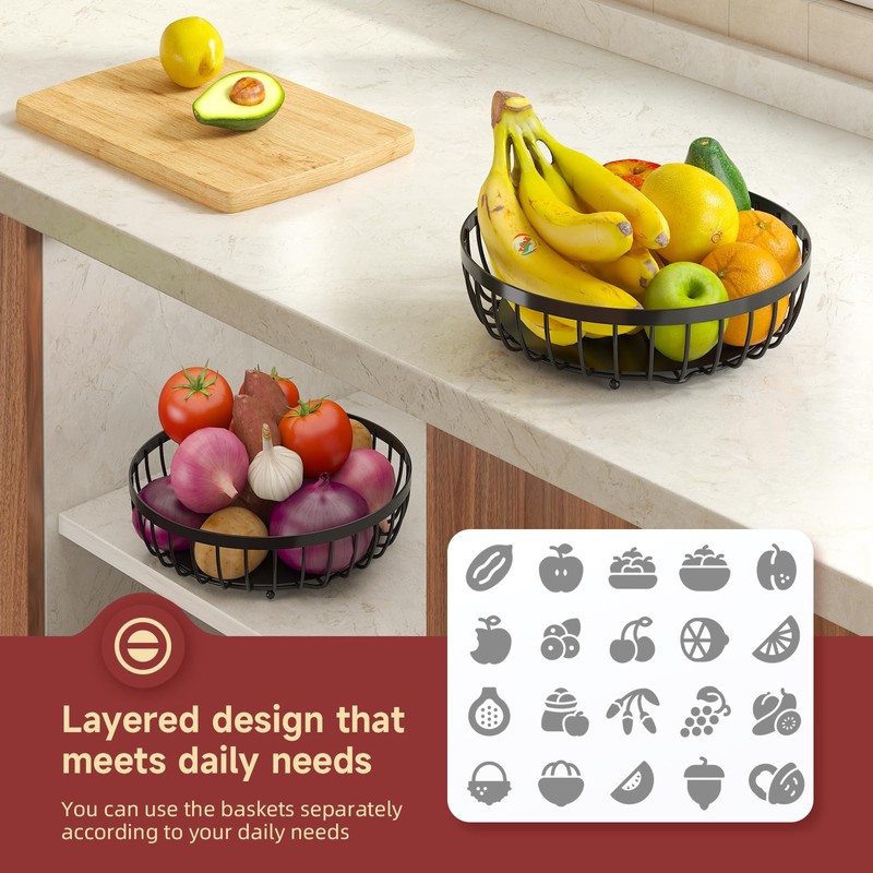 Sevenblue 2 Tier Large Fruit Basket for Kitchen Counter with