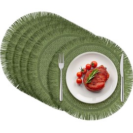 6 Pack Sage Green Round Burlap Placemats 15 Inch Boho Braided Jute Placemats with Fringe Edge Rustic Farmhouse Woven Table Mat Heat Resistant Reusable for Kitchen Wedding Party Dining Table Decor