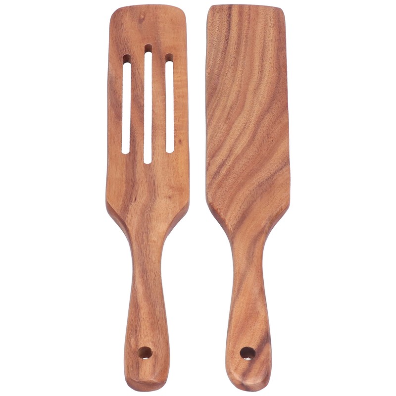 2pcs Slotted Turner Spatula Simple Wooden Spatula with Long Handlefor