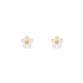 Women's and Children's Mother of Pearl Flower Stud Earrings 18 Carat (750) Yellow Gold Gift Box, Sterling Silver