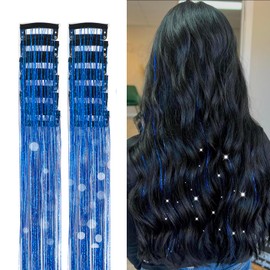 12Pcs Hair Tinsel Clip in Hair Extensions 19.6Inch Clip in Hair Tinsel Glitter Tinsel Hair Extensions Shiny Sparkly Fairy Hair Tinsel Kit Dazzle Hair Accessories for Women Girls Kids (Sapphire Blue)