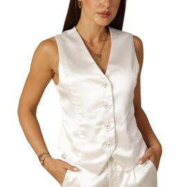 heipeiwa Women's Satin Silky Vest Button Down Sleeveless V Neck Tank Tops Waistcoat Jacket