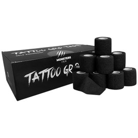 Monsters Ink Tattoo Grip Tape, Wrist Tape & Vet Wrap, Cohesive Bandage Wrap, Tattoo Wrap (5cm x 4.5m Box of 36) - Grip Tape Tattoo, Grip Wrap, Tattoo Tape, Black Bandage