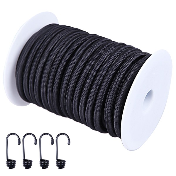 CARTMAN 1/4" Elastic Cord Crafting Stretch String, 40kg x 50ft, with 4 More Hooks, Black Color