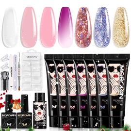 Poly Kit de Gel de Extensión de Uñas de Polivinílico con Uv Lámpara, 7 Colores Gel de Constructor para Uñas Kit de Gel de Extensión con Solución, Top Base Coat, Kit Todo En Uno