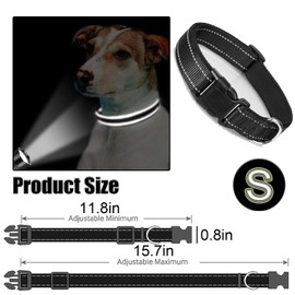 Reflective Nylon Dog Collar with Safety Buckle, Dog Collar, Adjustable Dog Collar, Soft Dog Collar, Quick Release Reflective Dog Collar for Puppy Small Medium Large Dogs, Black(S)