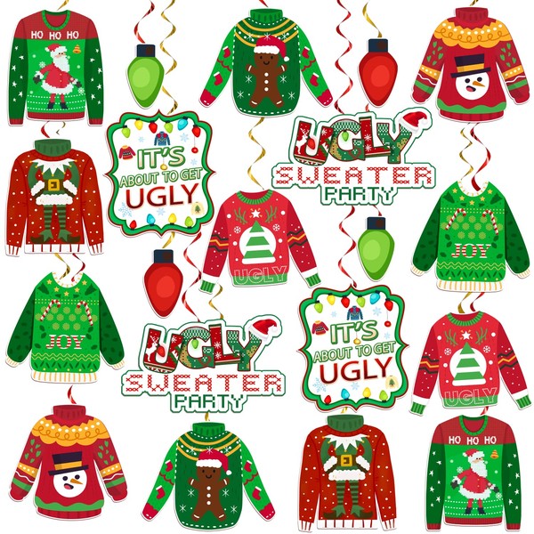 36 Pcs Ugly Sweater Party Decorations Hanging Swirls, NO-DIY Tacky Christmas Decorations Ugly Christmas Sweater Party Decorations Hanging Swirls, It's About To Get Ugly Hanging Decorations
