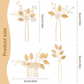 4 Pieces Bridal Hair Pins Flower Pearls Rhinestone Wedding Hair Clips Hair Accessories Gold U-shaped Hair Clips Women Girls Bridal Wedding Hair Accessories
