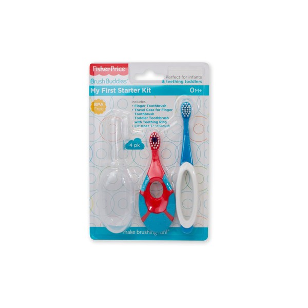 Fisher Price | My First Starter Kit | 4 Piece Set | Finger Toothbrush and Travel Case, Toddler Toothbrush with Teething Ring, Lil' Ones Toothbrush