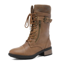 DREAM PAIRS Women's Winter Lace up Mid Calf Combat Riding Military Boots,Size 9,Camel