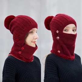 Heveer Warm Knitted Hat Women's Flexible Winter Hat with Neck Warmer Soft Lined Winter Face Mask for Outdoor Use, red