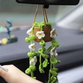 SDFRT Crochet Hanging Plant for Car, Cute Car Plant Accessories, Boho Car Plant Crochet Hanging Basket Mini Macrame Plant Car Accessories Rear View Mirror Charm (Khaki Basket + White Flowers)