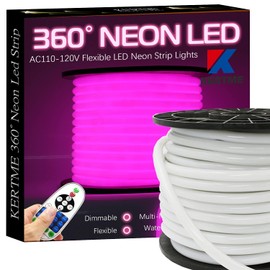 KERTME 360° Neon Led Type AC 110-120V 360 Degree NEON LED Light Strip, Flexible/Waterproof/Dimmable/Multi-Modes LED Rope Light + Remote for Home/Garden/Building Decor (32.8ft/10m, Pink)