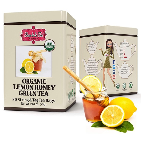 Brew La La Organic Green Tea -Lemon Honey Flavor - 50 Tea Bag Tin - Low Caffeine - USDA Certified Organic - Double Chambered Teabags