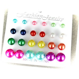 12 Pair Earrings Plastic Faux Pearl Bead Ball Stud Post Metallic Colors Adorable Statement Jewelry Earrings for Women