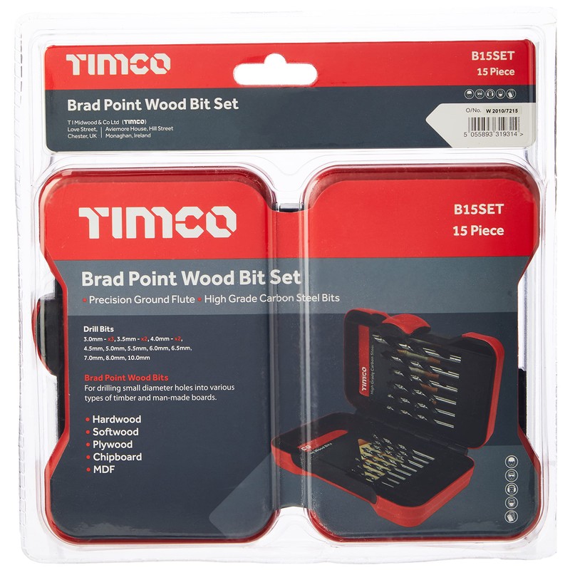 TIMCO Brad Point Wood Bit Set - Suitable on Hardwood,