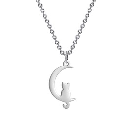 Flongo Cute Cat Necklace for Women: Stainless Steel Moon Cat Pendant Necklace - Adjustable Chain Necklace Cat Lover Gift