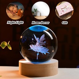 ZRENJHUS Flower Fairy Crystal Ball Fairy with Flower Glass Decor 3D Engraving Decorative Ball Light Gifts for Girls Women Fairy Lovers Wedding Gift with Light Base