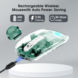 Wireless Transparent Mouse for Computer,Bluetooth Mouse Rechargeale,Power Display,DPI,Shortcut,Tri-Mode Bluetooth5.1(BT1+BT2) + 2.4GHz 2in1 Receiver(USB+USB-C)-Compatible with TypeC&USB Port Devices