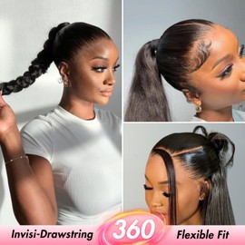 360 HD Lace Front Straight Human Hair Wig 12A Upgraded Hidden Straps 360 Full Lace Glueless Wig Human Hair With Drawstring，Invisible Strap Pre Plucked With Baby Hair 22inch for Women