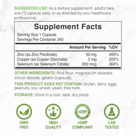 Deal Supplement Zinc 50mg with Selenium + Copper, 240 Capsules, 8 Month Supply, 3 in 1 Mineral Formula, Zinc Picolinate Complex Supplement, Supports Healthy Immune System for Adults and Kids