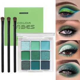 Green Eyeshadow Palette, Glitter Eye shadow Makeup, Shimmer & Matte Waterproof Eye Shadow Palette, Green Forest EyeShadow Make Up With 3 Eyeshadow Brushes