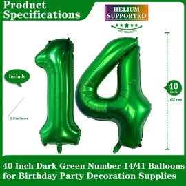 Dark Green 14 Number Balloons, 40 Inch Giant Number 14 Balloons Foil Mylar Helium Dark Green Number Balloons for 14th Birthday Party Supplies Anniversary Event Celebration Decorations