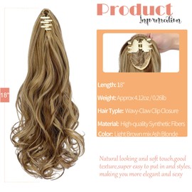 Leterly Ponytail Extension Claw 18" Curly Wavy Clip in Hairpiece Ponytail Hair Extensions Long Pony Tail Synthetic for Women Light Brown mix Ash Blonde