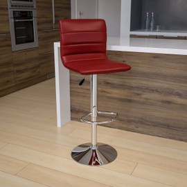 Flash Furniture Vincent Modern Burgundy Vinyl Adjustable Bar Stool with Back, Swivel Stool with Chrome-Pedestal Base and Footrest