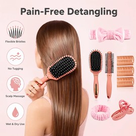 7-Piece Pink Hair Styling Tool Kit, Set with Paddle Brush, Round Comb, Hair Rollers, Claw Clips, and Bow Headband - Perfect for Salon, Spa, Party Favors, Sleepovers, Gift for Women and Girls