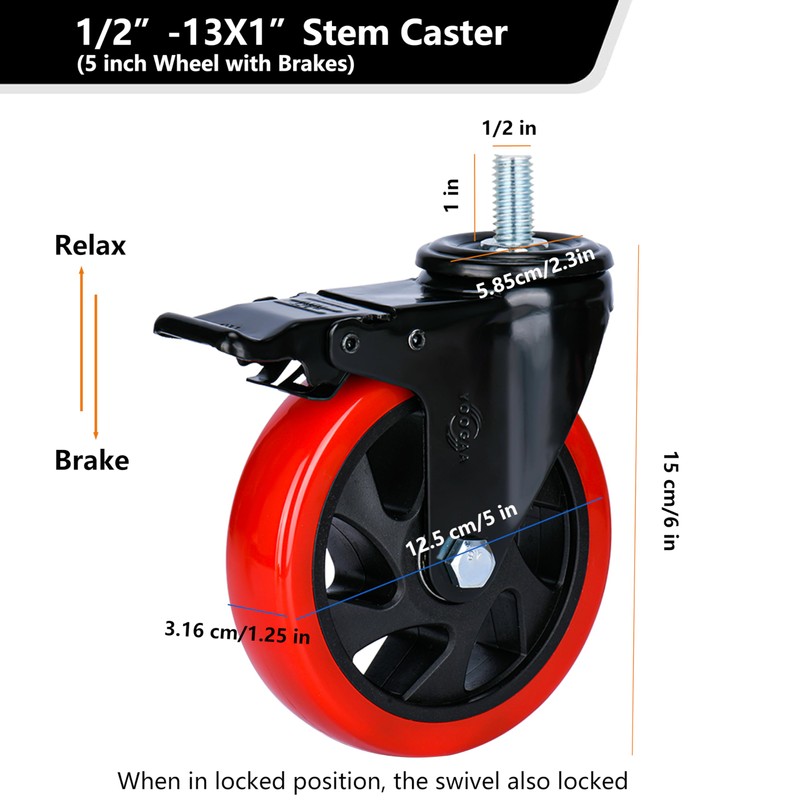 YOOGAA Caster Wheels 5 inch Total Locking Stem Casters 1/2"-13