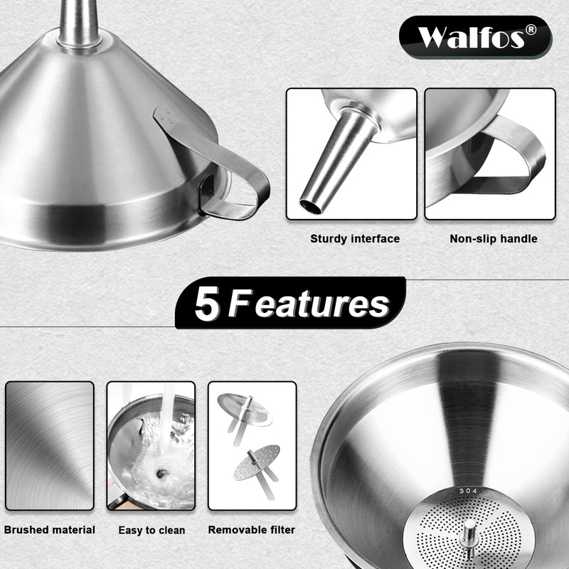 Stainless Steel Funnel, Walfos 3 Different Sizes of Kitchen funnels