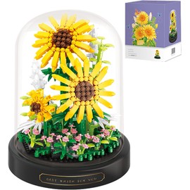 GaoDeBuChou Sunflower Flowers Micro Building Set,Flower Bouquet Botanical Toys Gifts for Boys Girls Age 10 11 12 13 14+Teen Adult,Not Compatible with Major Brands(596PCS with Light String Dust Cover)