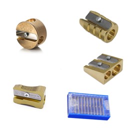 COMPLETE SET 4 Styles of Mobius + Ruppert (M+R) Brass Pencil Sharpeners + 10 Replacement Blades - Finest in the world - MADE IN GERMANY