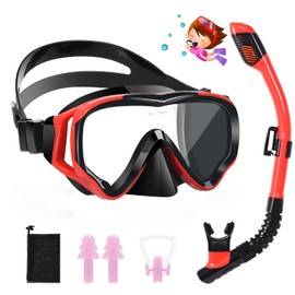 HIKOTEY Children's Snorkel Set, Dry Snorkel Set, Anti-Fog Panorama, Anti-Leak Diving Mask, Dry Snorkel with Waterproof Earplugs, Snorkelling Set for Boys (4-12 Years), Red + Black